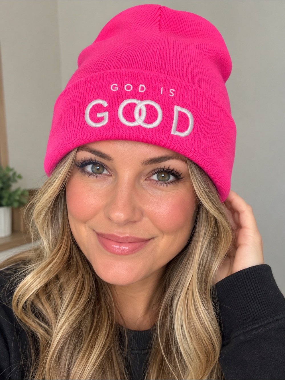 God Is Good Embroidered Beanie - Hot Pink-New